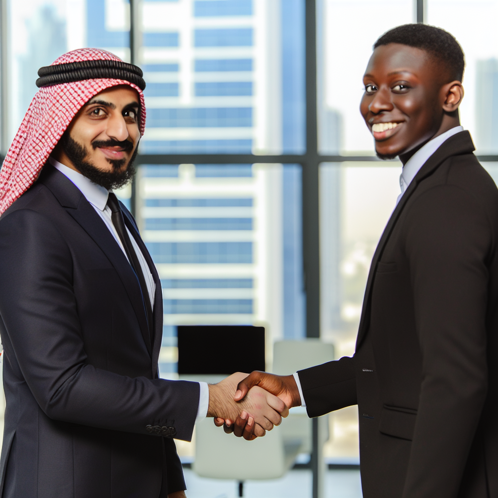 A business owner shaking hands with a marketing ex