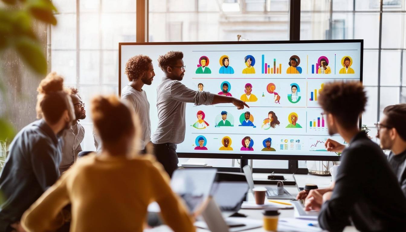 The image features a diverse group of individuals gathered around a large, interactive digital screen displaying colorful graphs and charts. The scree